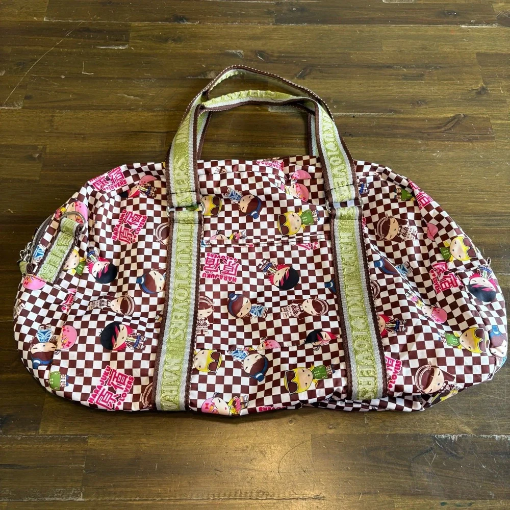 Harajuku Lovers Rare Y2K Graphic Tote Duffle Bag Checkered Green Dolls Flawed - Picture 1 of 11